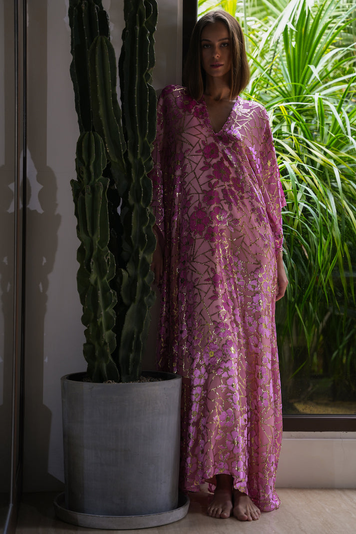 Flower Velours Devore Rose Boubou Caftan - Main Image