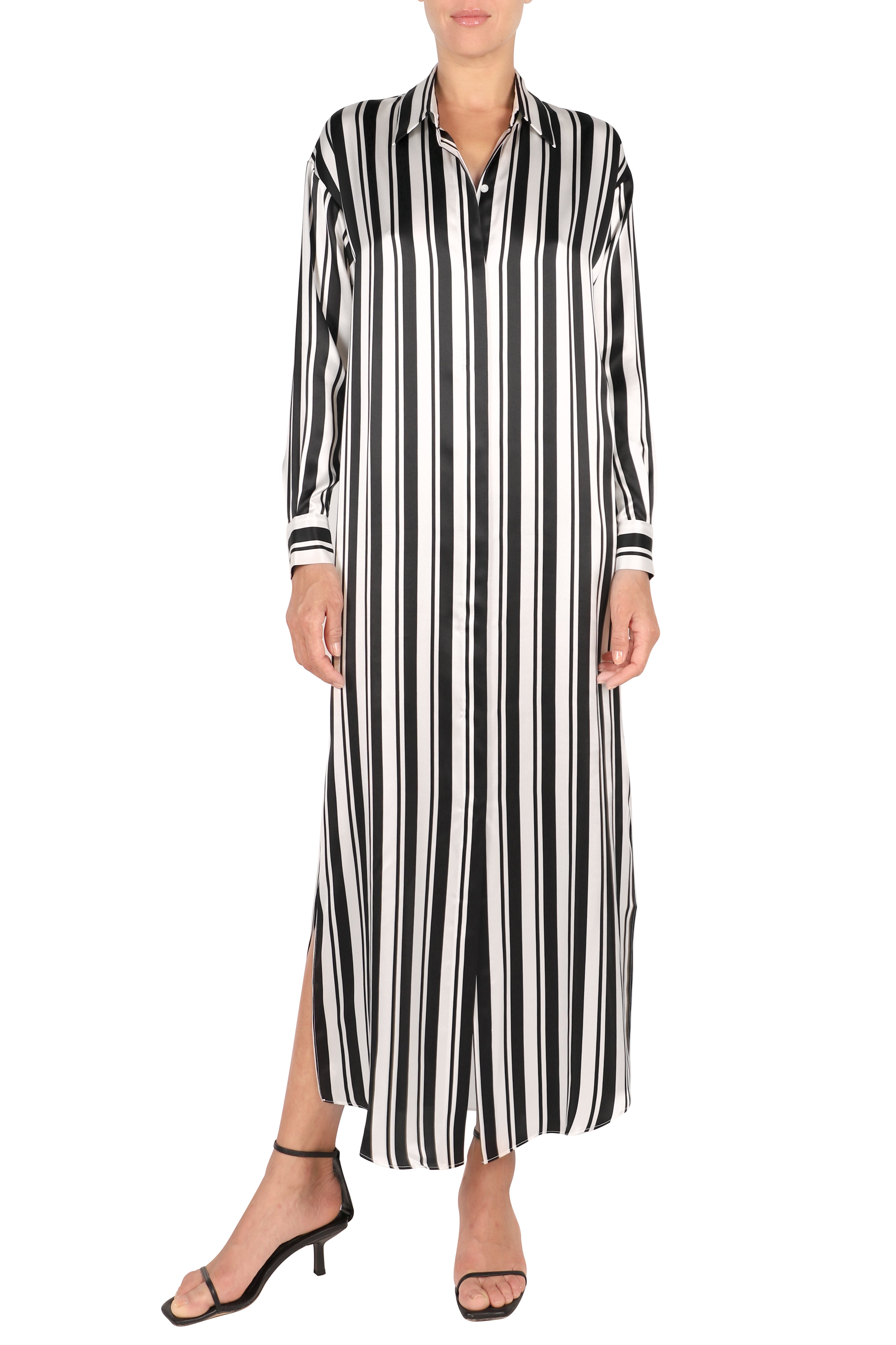 Silk Satin Stripes Button Down Dress 0/1 / White Black Stripes Silk Satin Stripes Button Down Dress 0/1 / White Black Stripes
