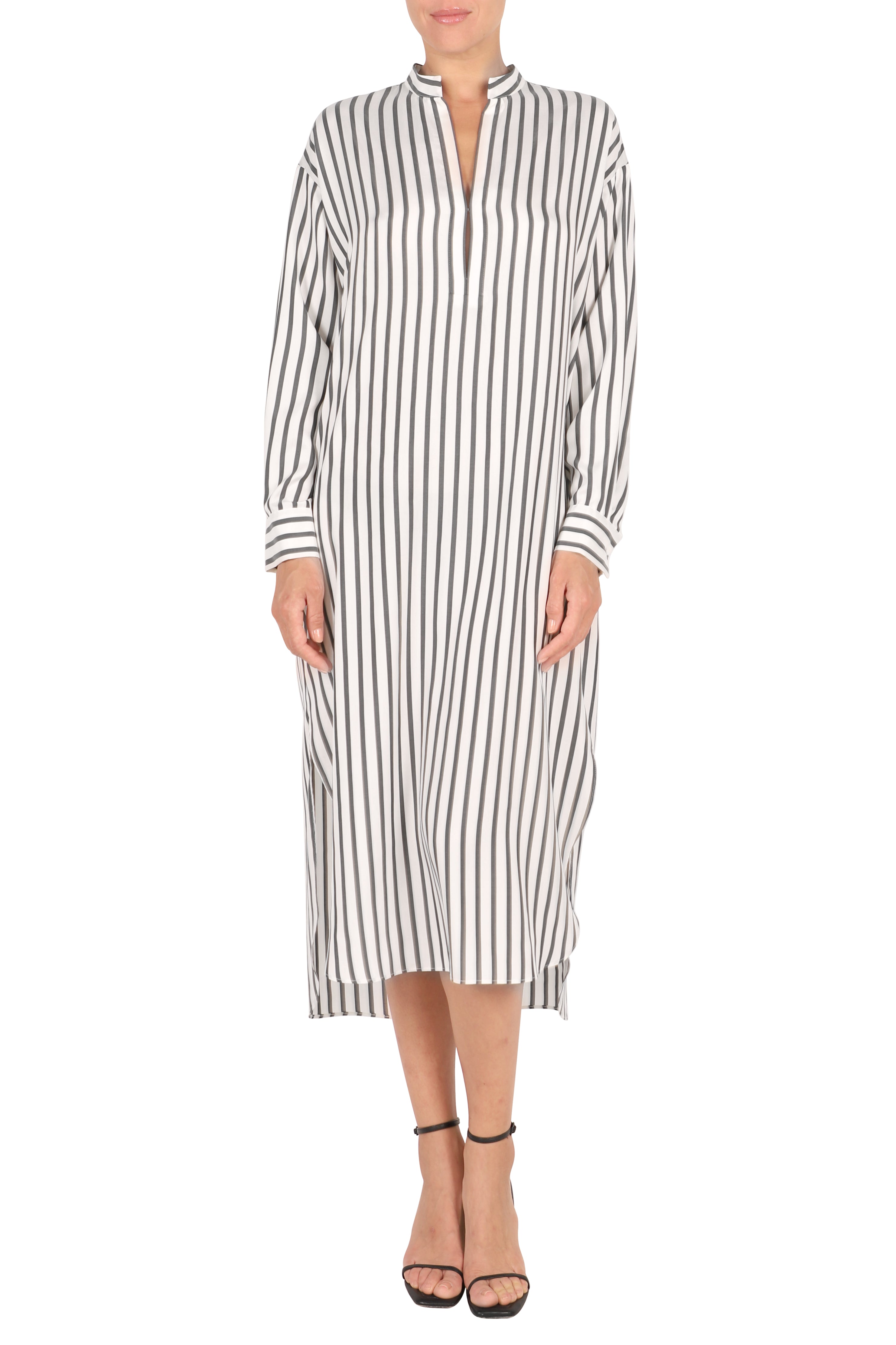 Mao Collar Silk Stripe Dress 0/1 / White Black Stripe