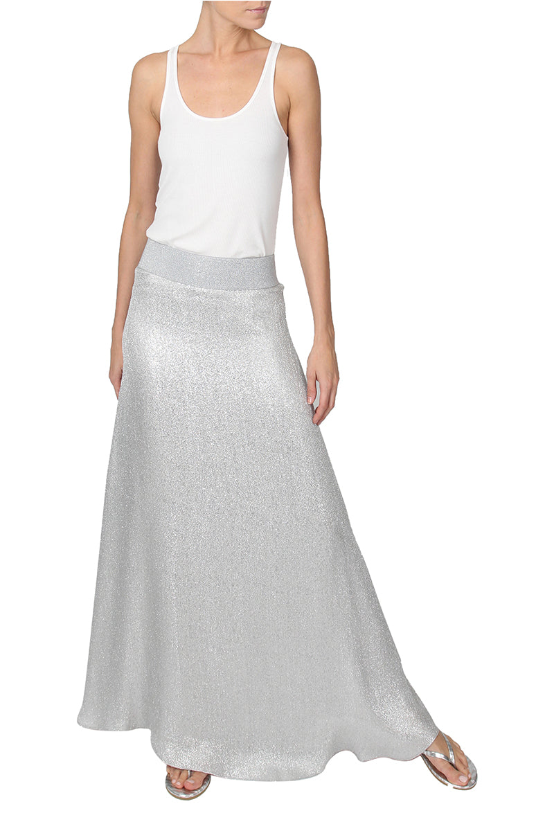 Metallic Silk Blend A Line Skirt Silver 1