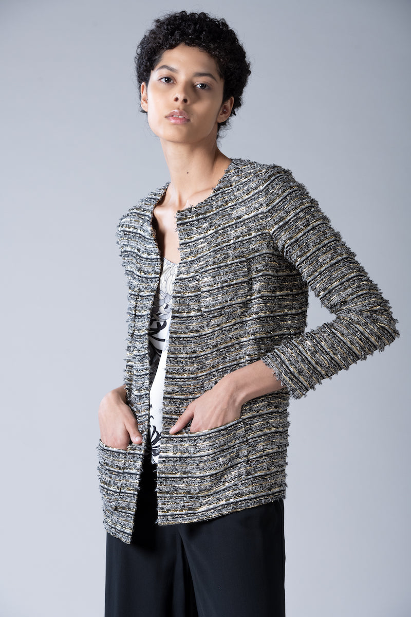 Black White Gold Metallic Tweed Jacket