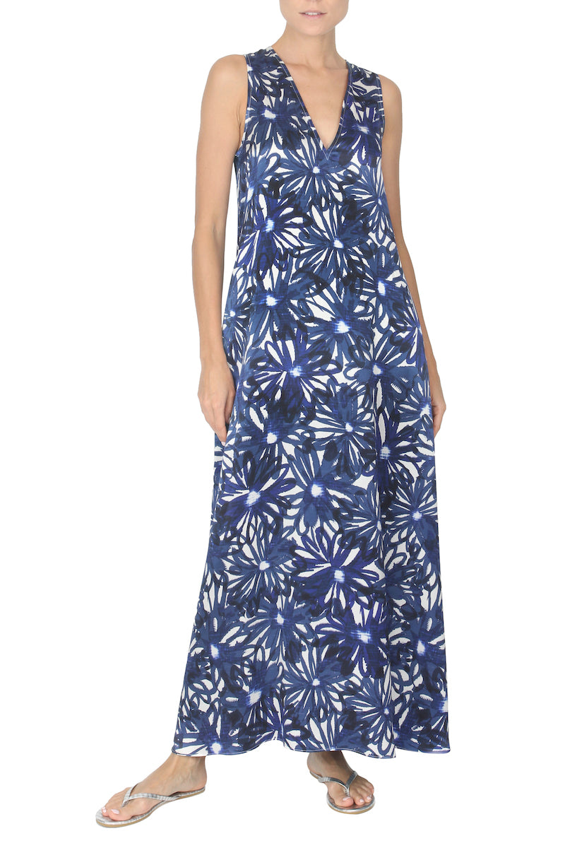 Daisy Print V Neck Silk Satin Long Dress