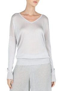 Metallic Fine Knit V Neck Sweater