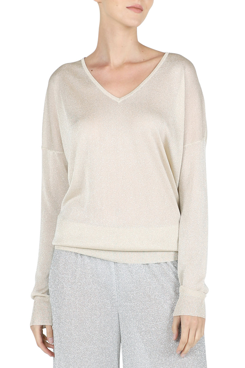 Metallic Fine Knit V Neck Sweater