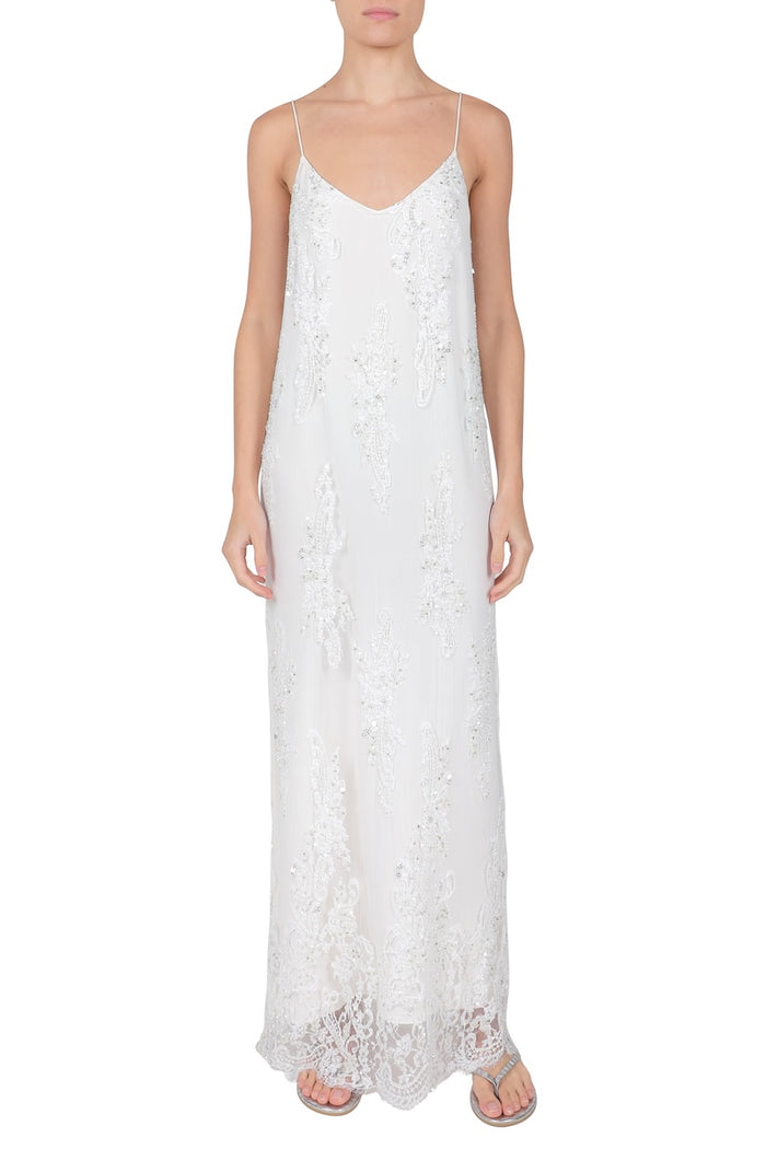 Embellished Pearl Beads Long Lace Cami Dress