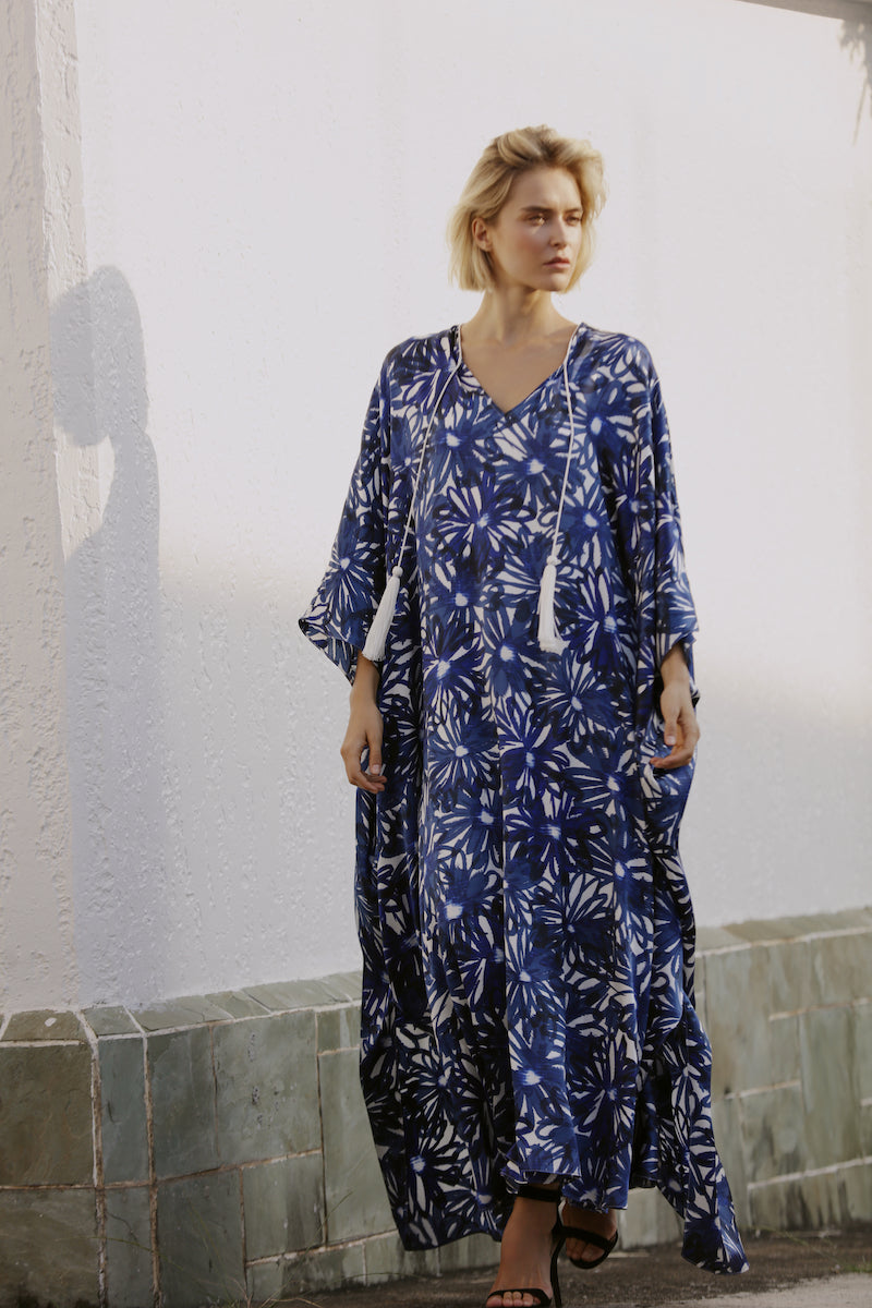 Daisy Print Tasseled Silk Satin Boubou Caftan