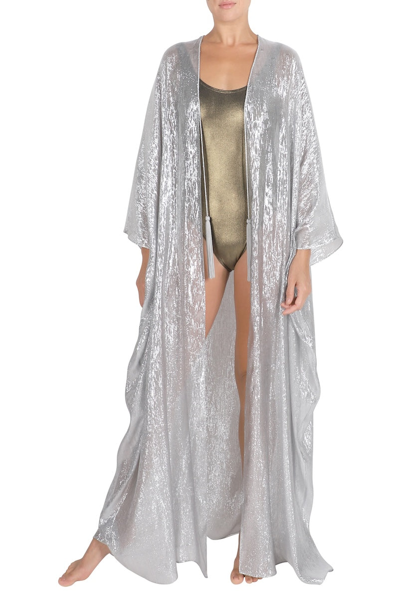 Metallic Silk Cover Up with Tassels