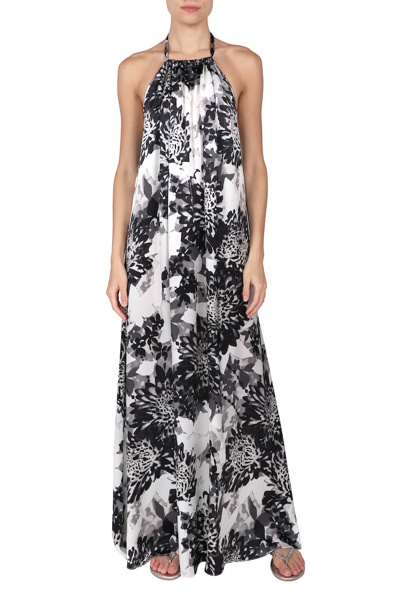Silk Printed Peony Long Dress