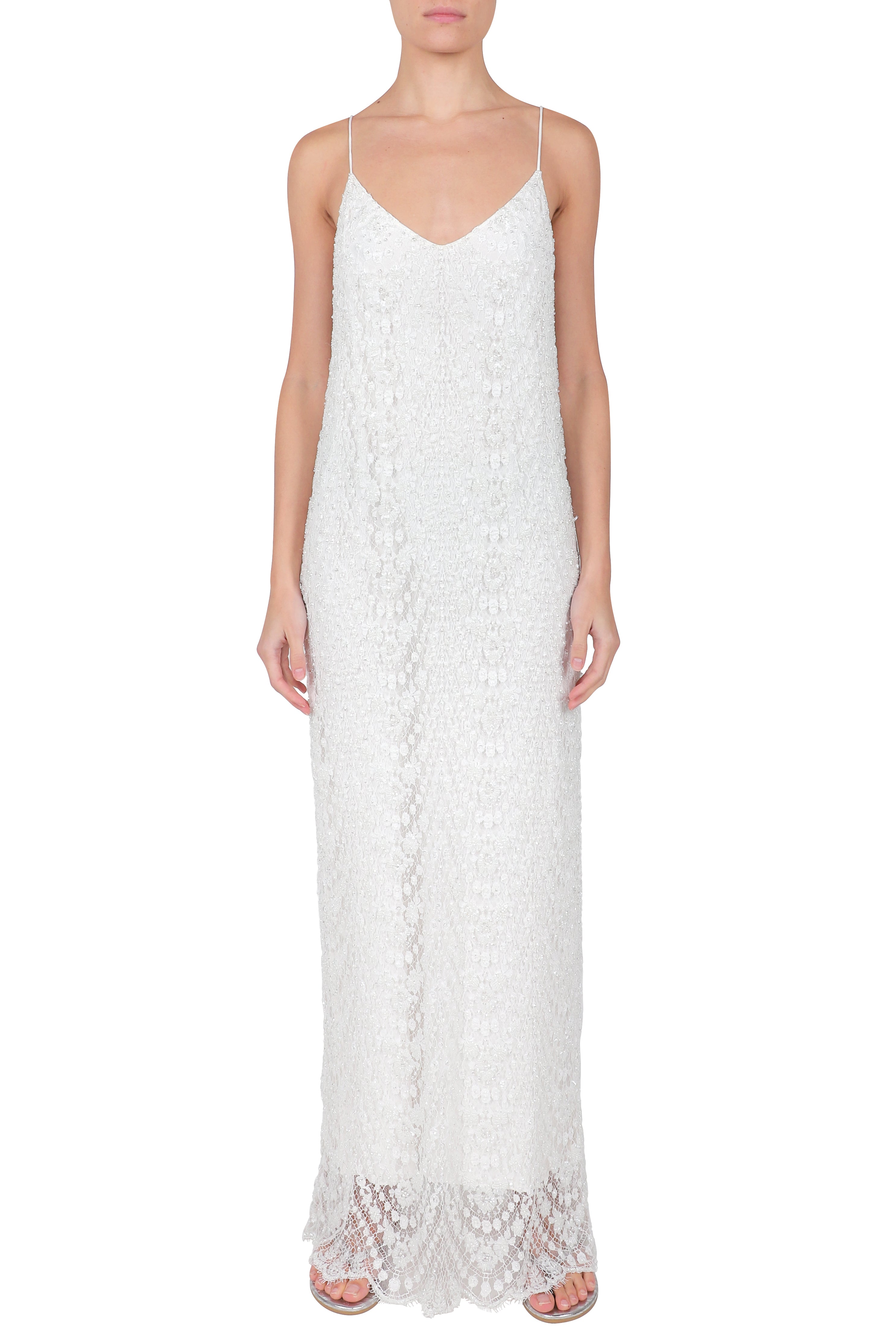 Embellished Pearl Beads Long Lace Cami Dress