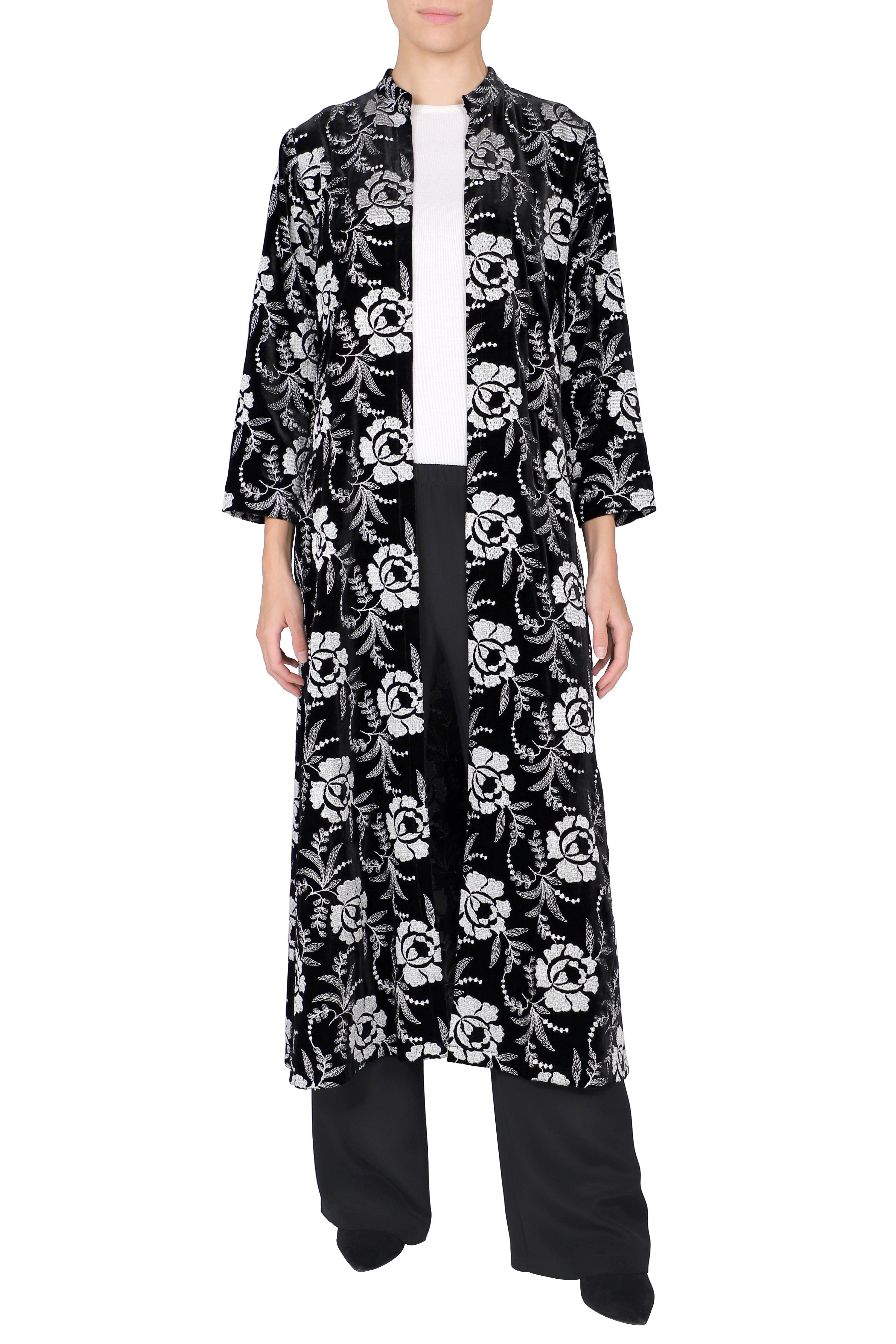 Embroidered Silk Velour Mandarin Collar Coat