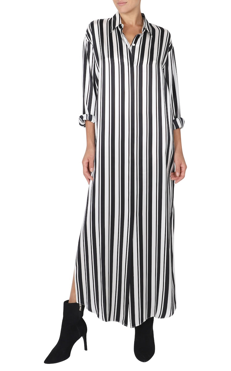 Silk Satin Stripes Button Down Dress
