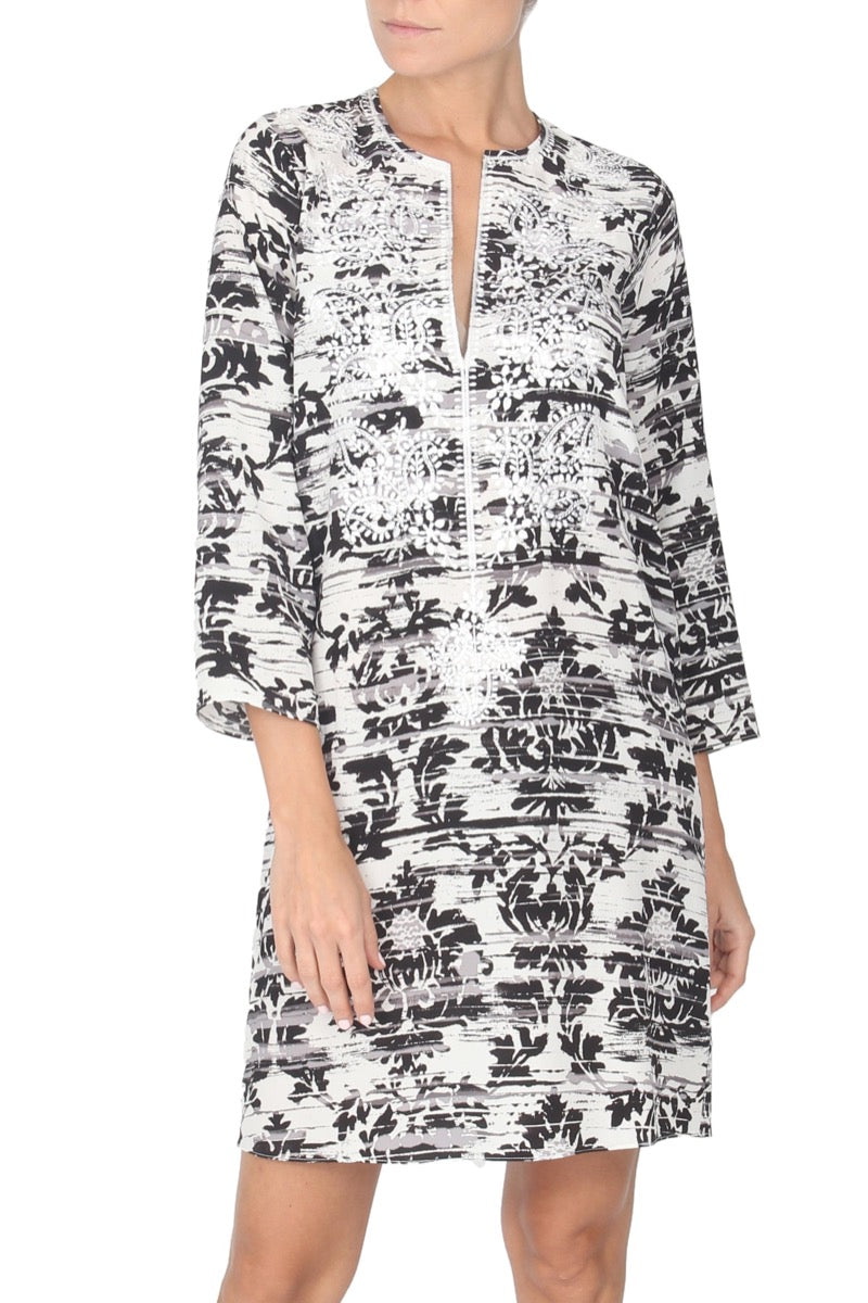 Embroidered Silk Crepe de Chine Printed Dress