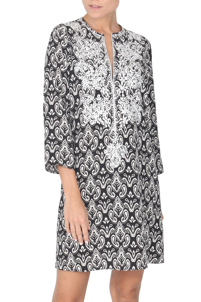 Embroidered Silk Crepe de Chine Printed Dress