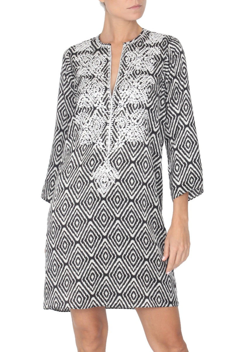 Embroidered Silk Satin Printed Dress