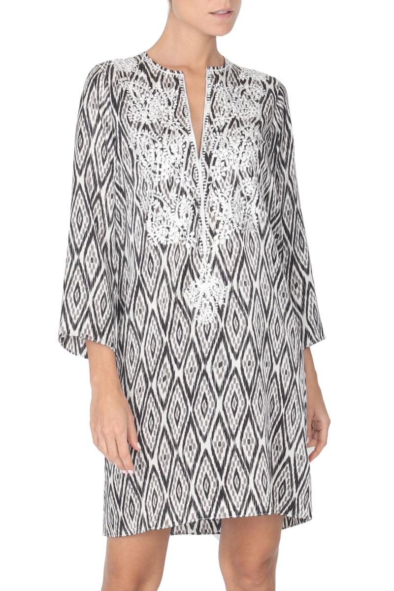 Embroidered Silk Satin Printed Dress