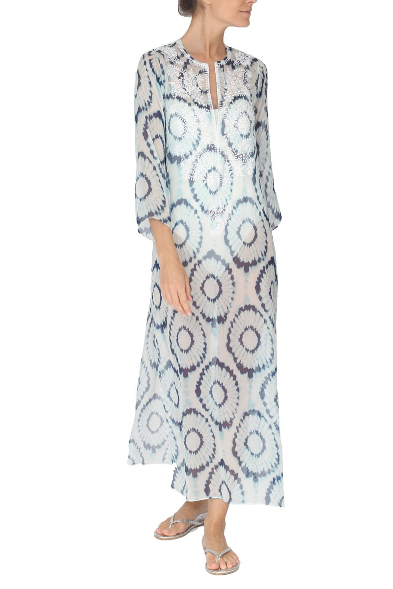 Embroidered Long Silk Chiffon Caftan