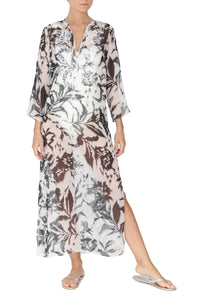 Embroidered Long Silk Chiffon Caftan