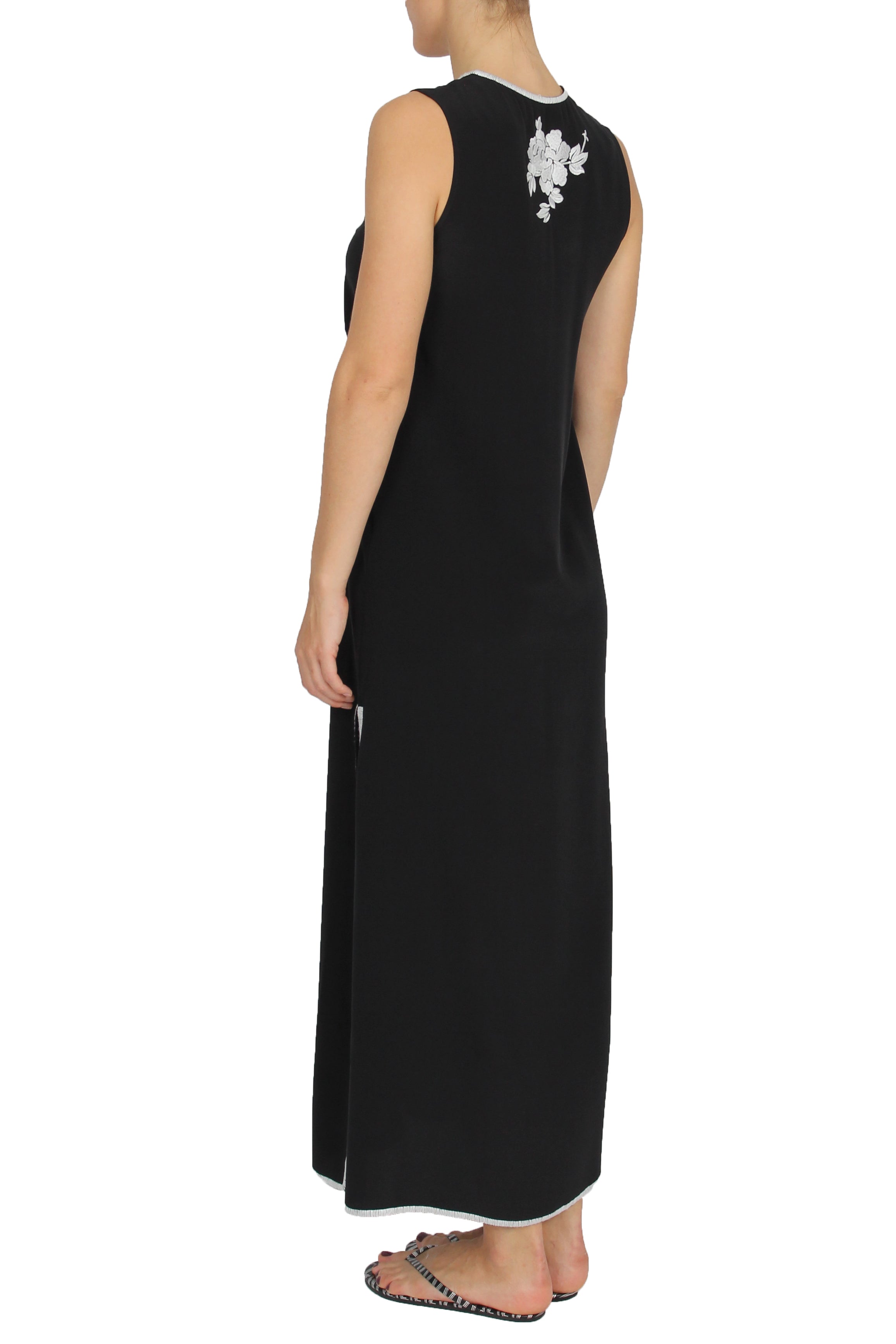 Sleeveless Crepe de Chine Rose Embroidered Dress
