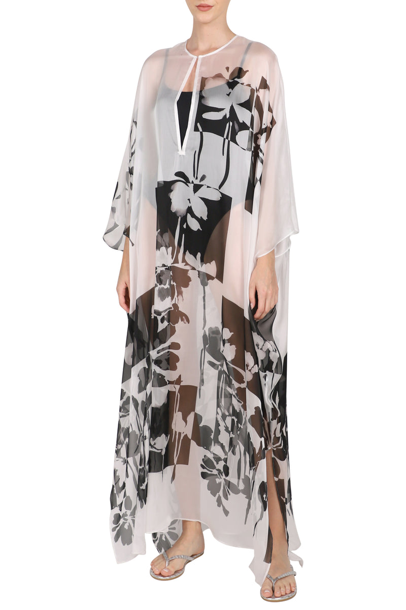 Graphic Flower Printed Over Sized Silk Chiffon Boubou Caftan