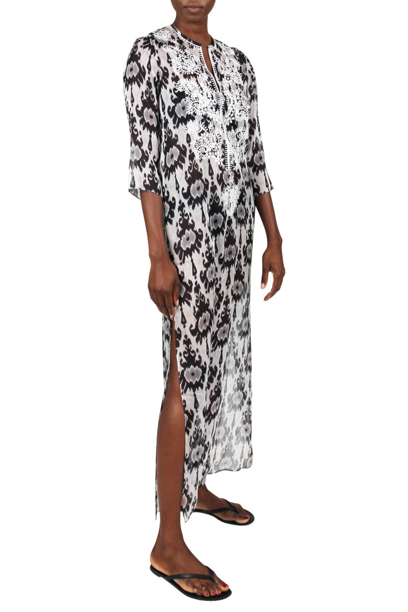Embroidered Long Silk Chiffon Caftan