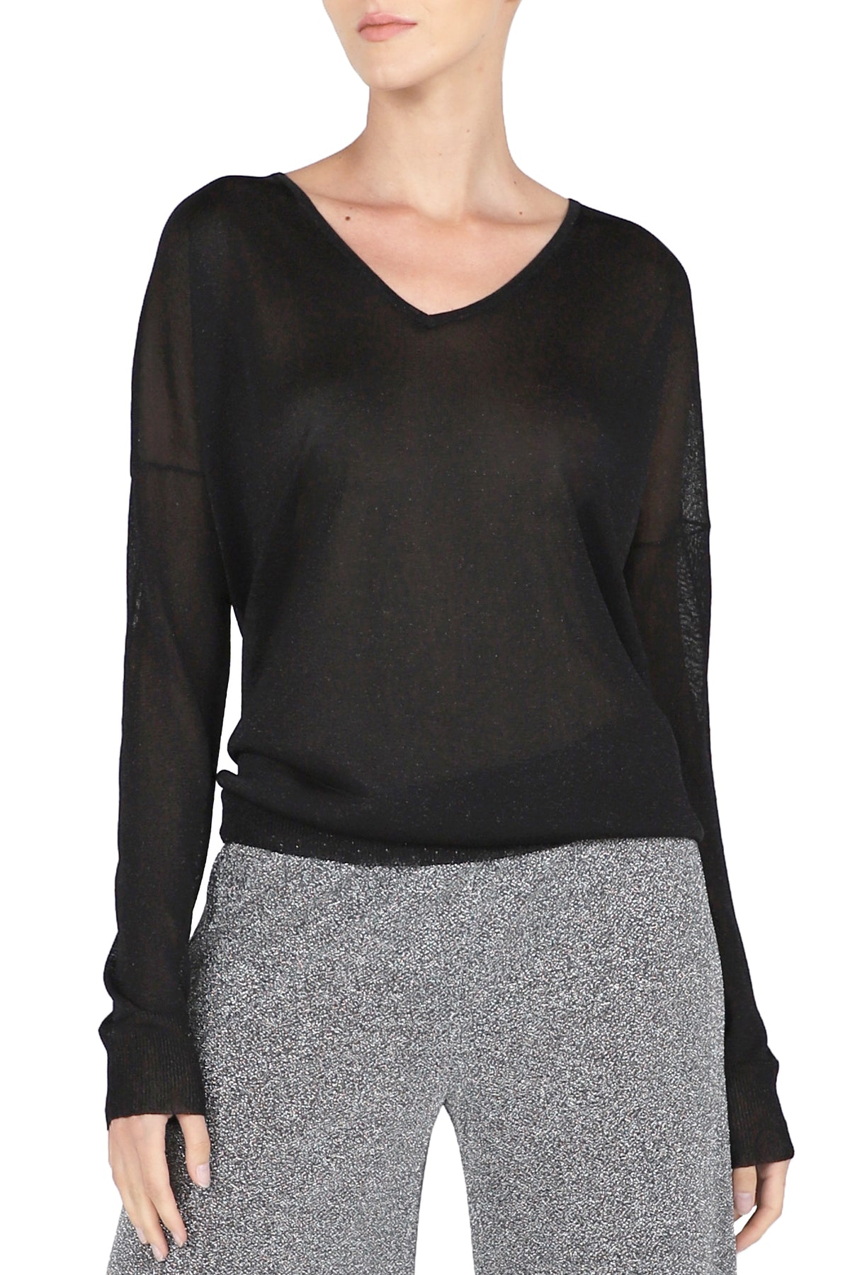 Metallic Fine Knit V Neck Sweater