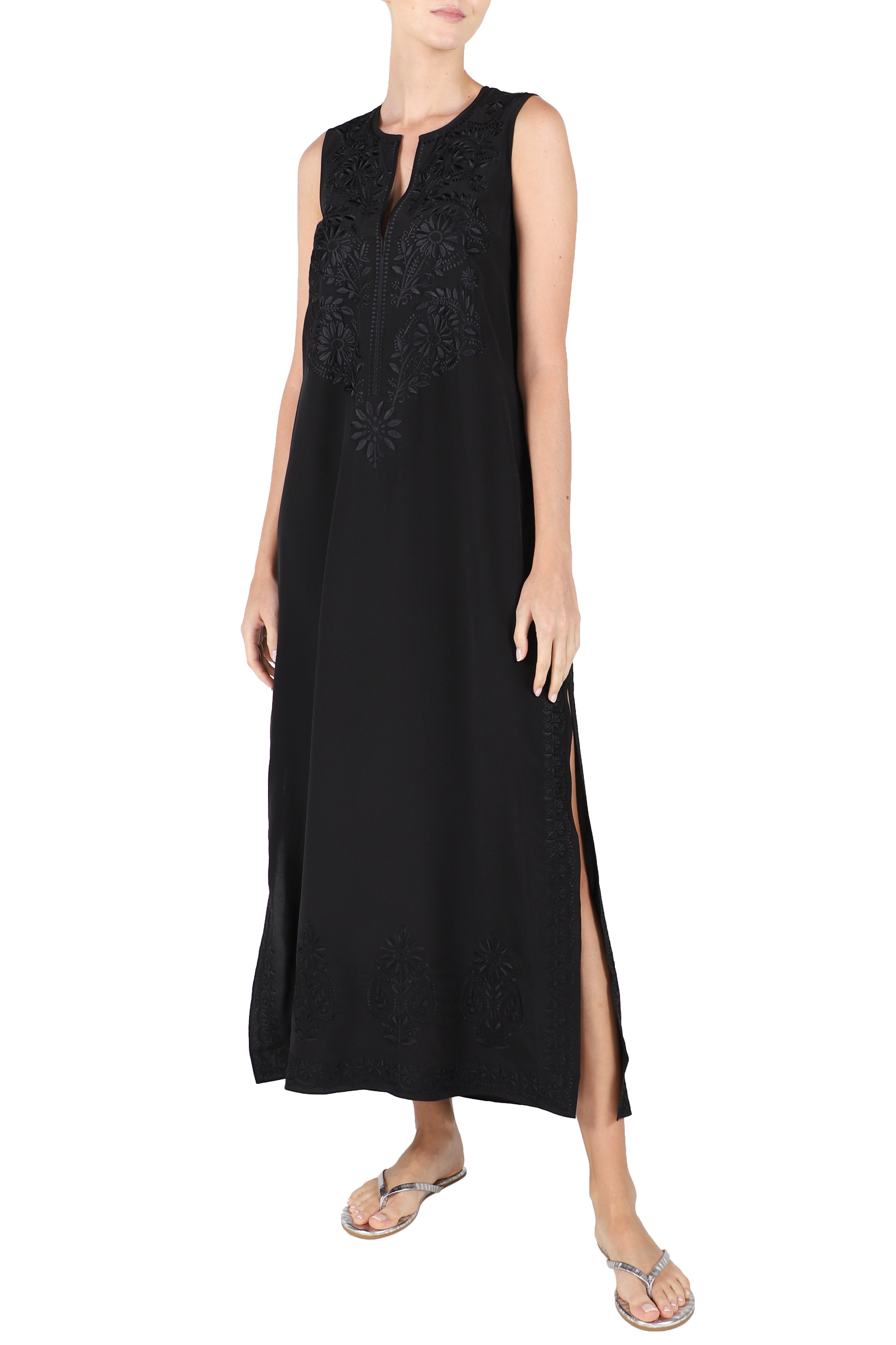 Embroidery Silk Sleeveless Long Dress