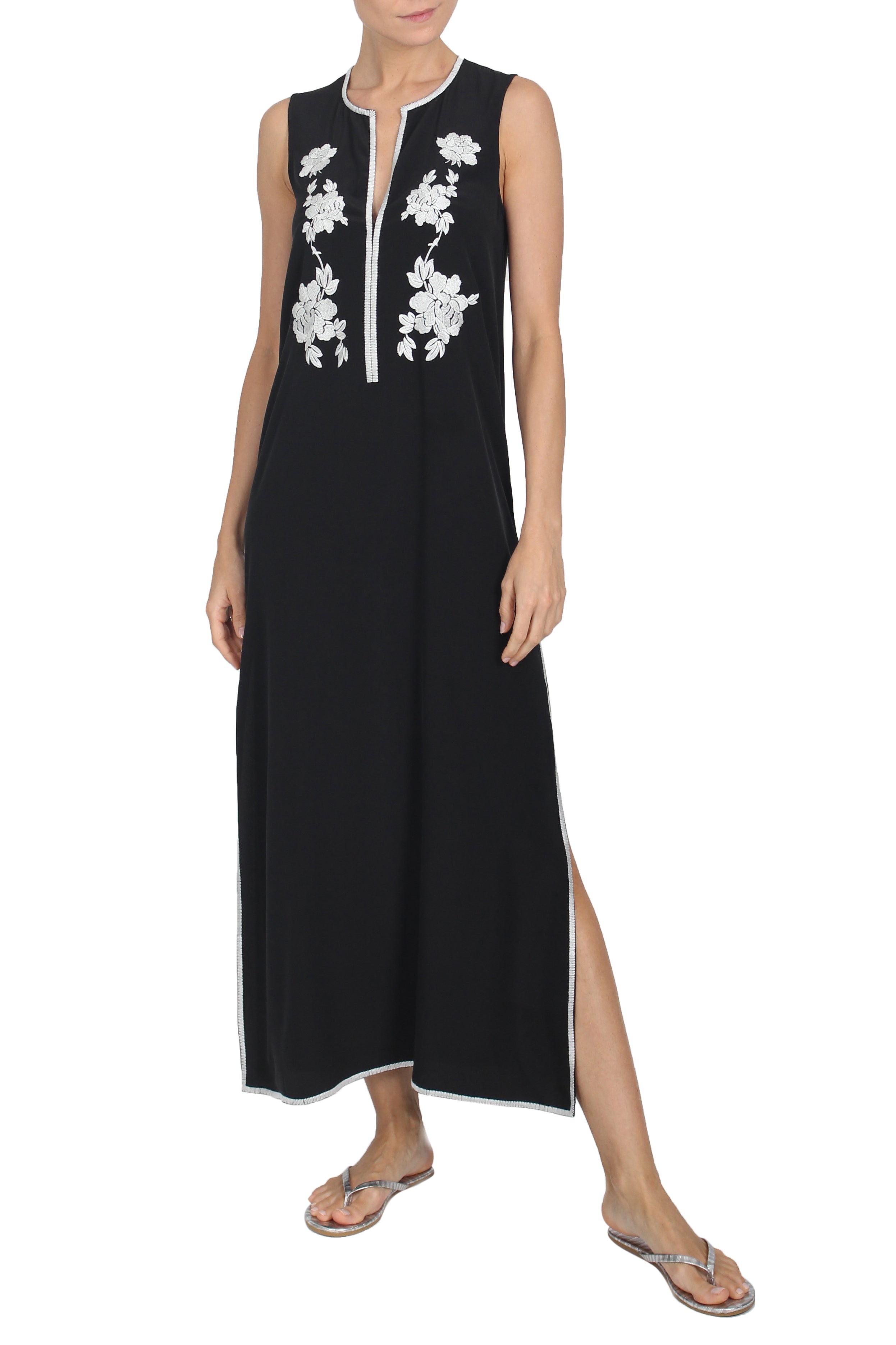 Sleeveless Crepe de Chine Rose Embroidered Dress