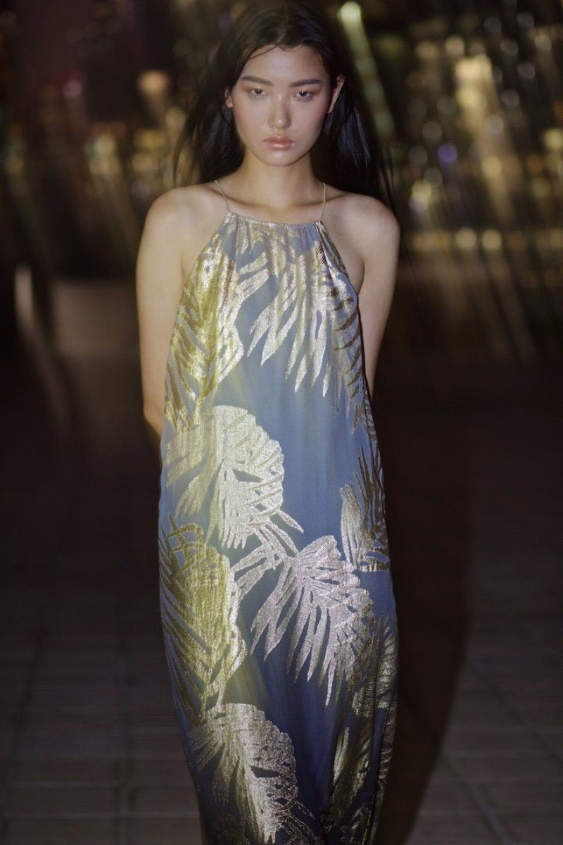 Metallic Palm Ombre Racer Back Long Dress