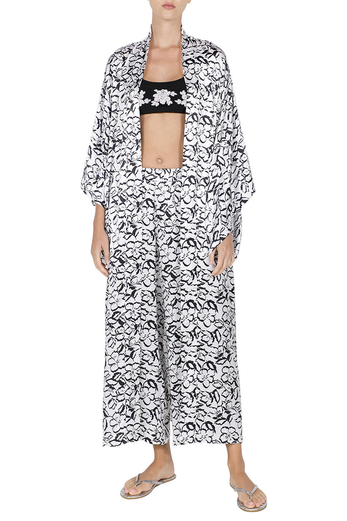 Printed Flower Satin Kimono