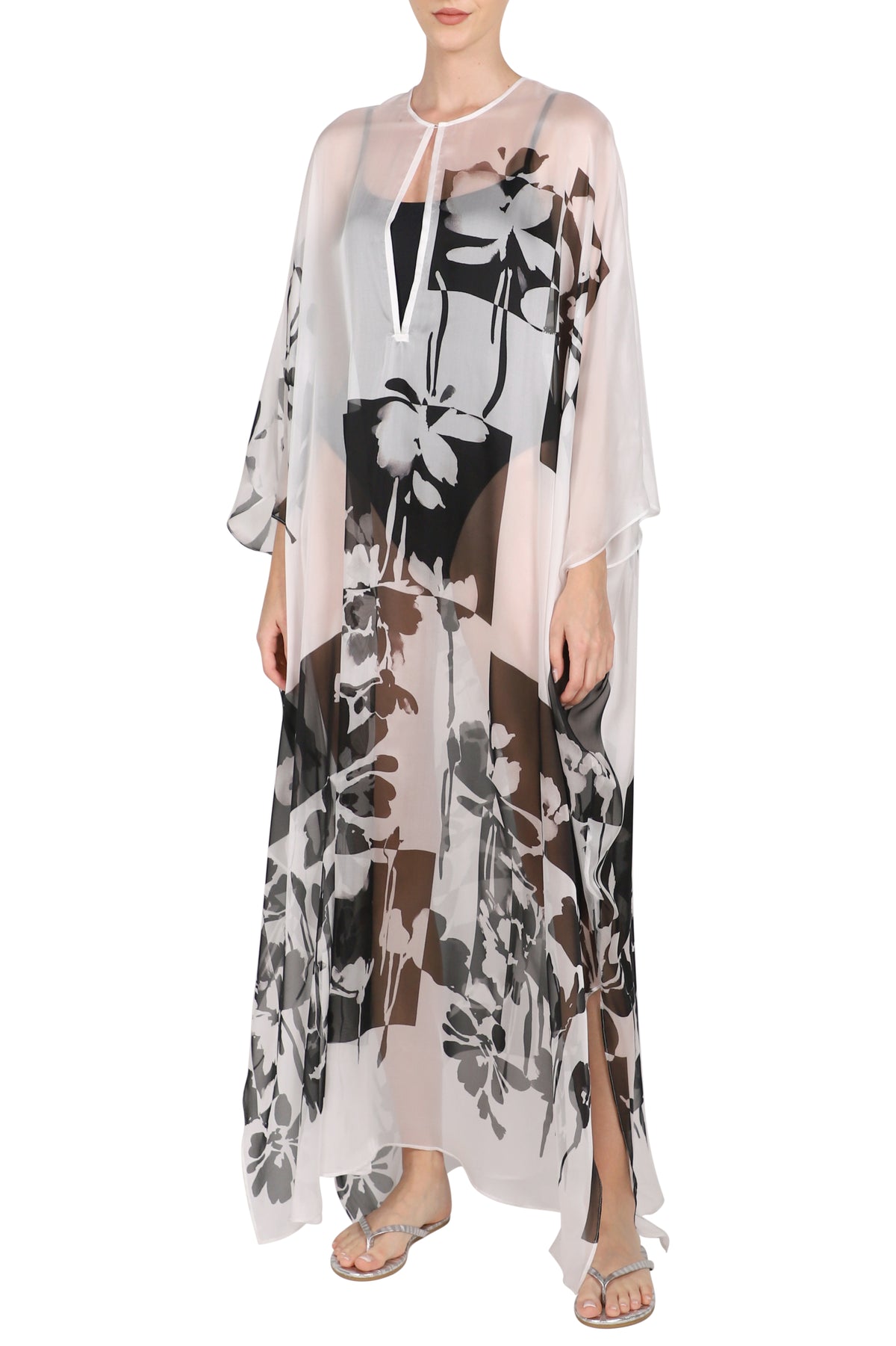 Graphic Flower Printed Over Sized Silk Chiffon Boubou Caftan