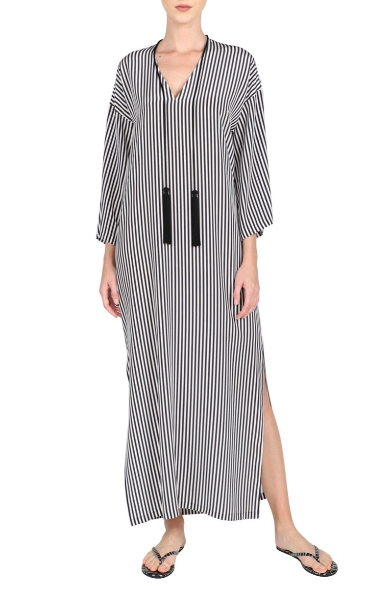 Stripe Silk Crepe de Chine Caftan V Neck Dress