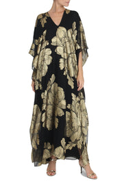 Big Flower Metallic Boubou Caftans Marie France Van Damme One Size Black Gold 