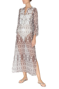 Embroidered Long Silk Chiffon Caftan Marie France Van Damme 0 Silver Ikat 