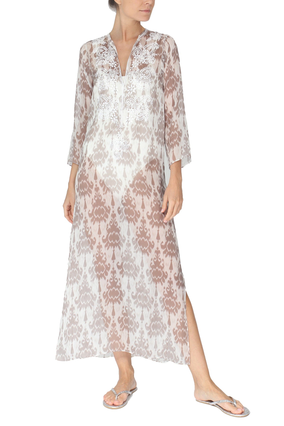 Embroidered Long Silk Chiffon Caftan Marie France Van Damme 0 Zatic Nude 