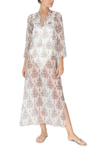 Embroidered Long Silk Chiffon Caftan Marie France Van Damme 0 Zatic Nude 