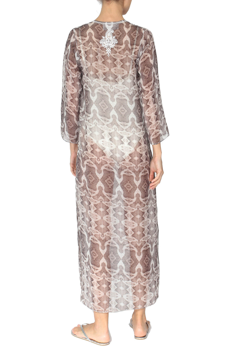 Embroidered Long Silk Chiffon Caftan Marie France Van Damme 