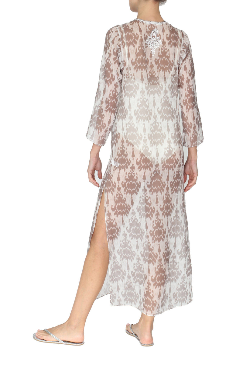 Embroidered Long Silk Chiffon Caftan Marie France Van Damme 
