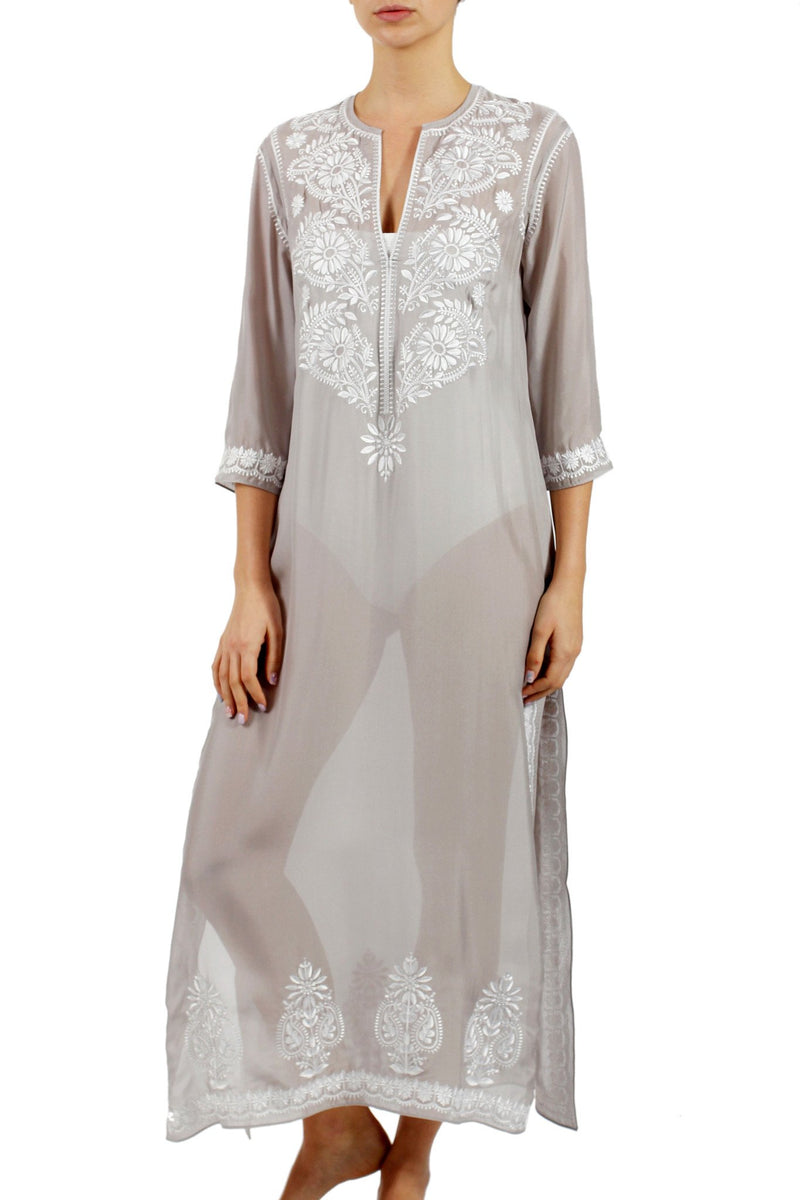 Embroidered Long Silk Chiffon Caftan Tunics Marie France Van Damme Silver White 0 