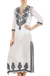 Embroidered Long Silk Chiffon Caftan Tunics Marie France Van Damme White Black 0 