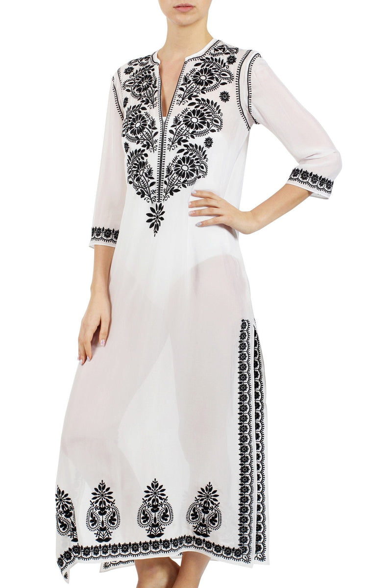 Embroidered Long Silk Chiffon Caftan Tunics Marie France Van Damme White Black 0 