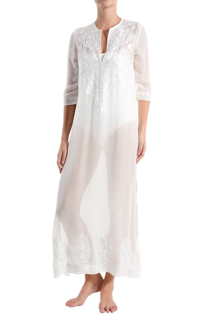 Embroidered Long Silk Chiffon Caftan Tunics Marie France Van Damme White White 0 
