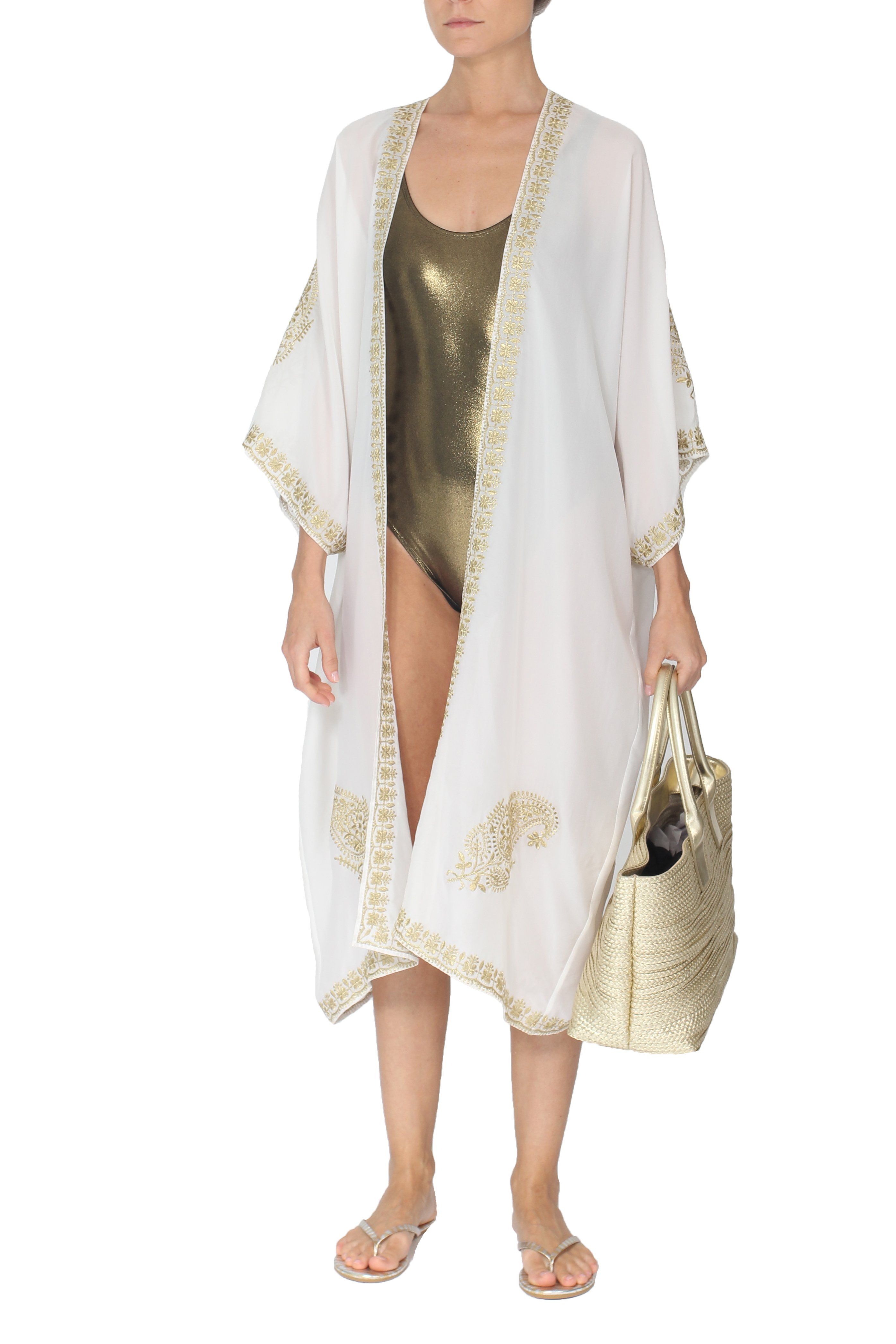 Embroidered Lurex Babani Cover Up Marie France Van Damme One Size White Gold 