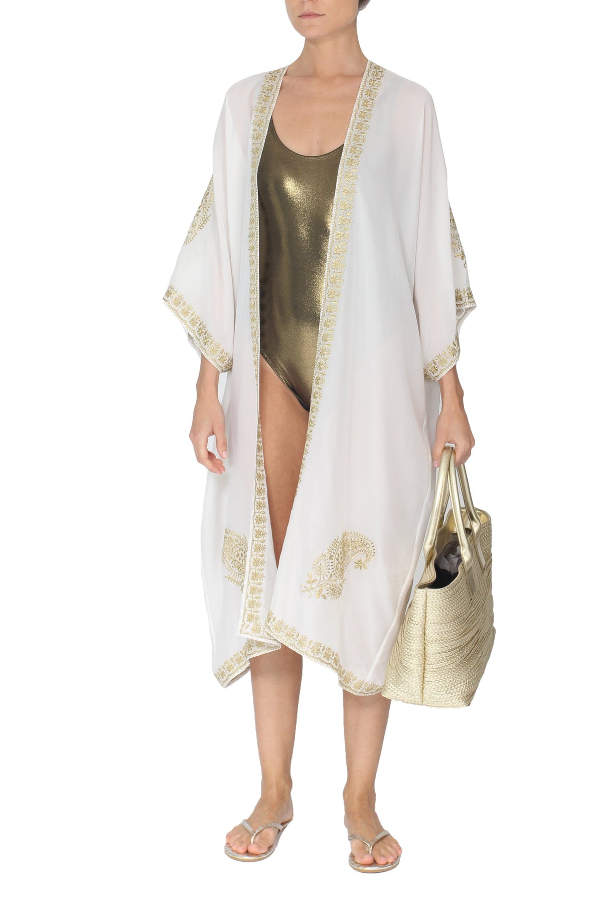 Embroidered Lurex Babani Cover Up Marie France Van Damme One Size White Gold 