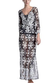Embroidered Printed Romantic Long Caftan Marie France Van Damme Star Silver 0 