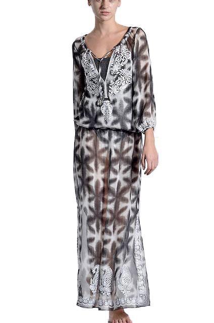 Embroidered Printed Romantic Long Caftan Marie France Van Damme Star Silver 0 