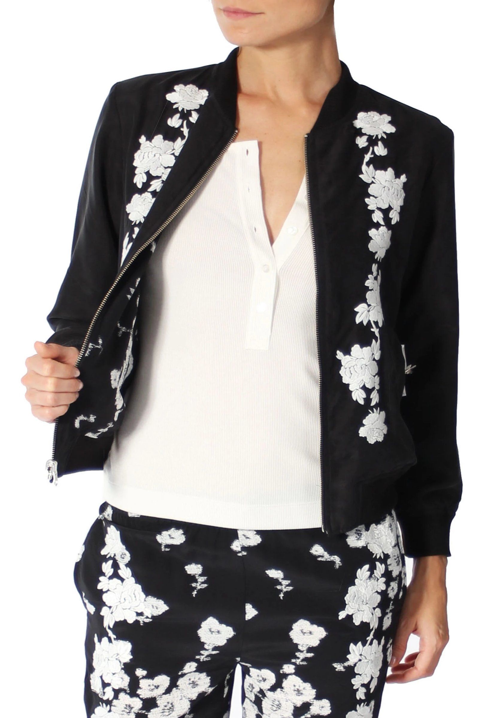 Embroidered Reversible Bomber Jacket Tops Marie France Van Damme 0 Black White Small Flower 