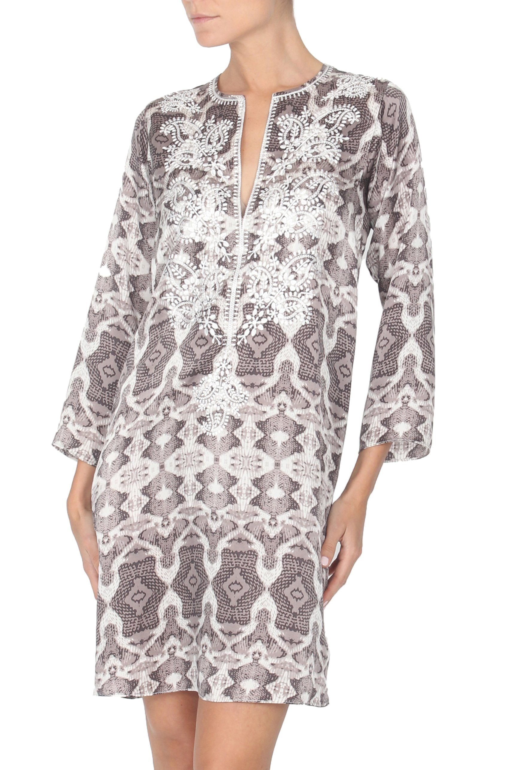 Embroidered Silk Satin Printed Dress Tunics Marie France Van Damme 0 Silver Ikat 