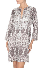 Embroidered Silk Satin Printed Dress Tunics Marie France Van Damme 0 Silver Ikat 