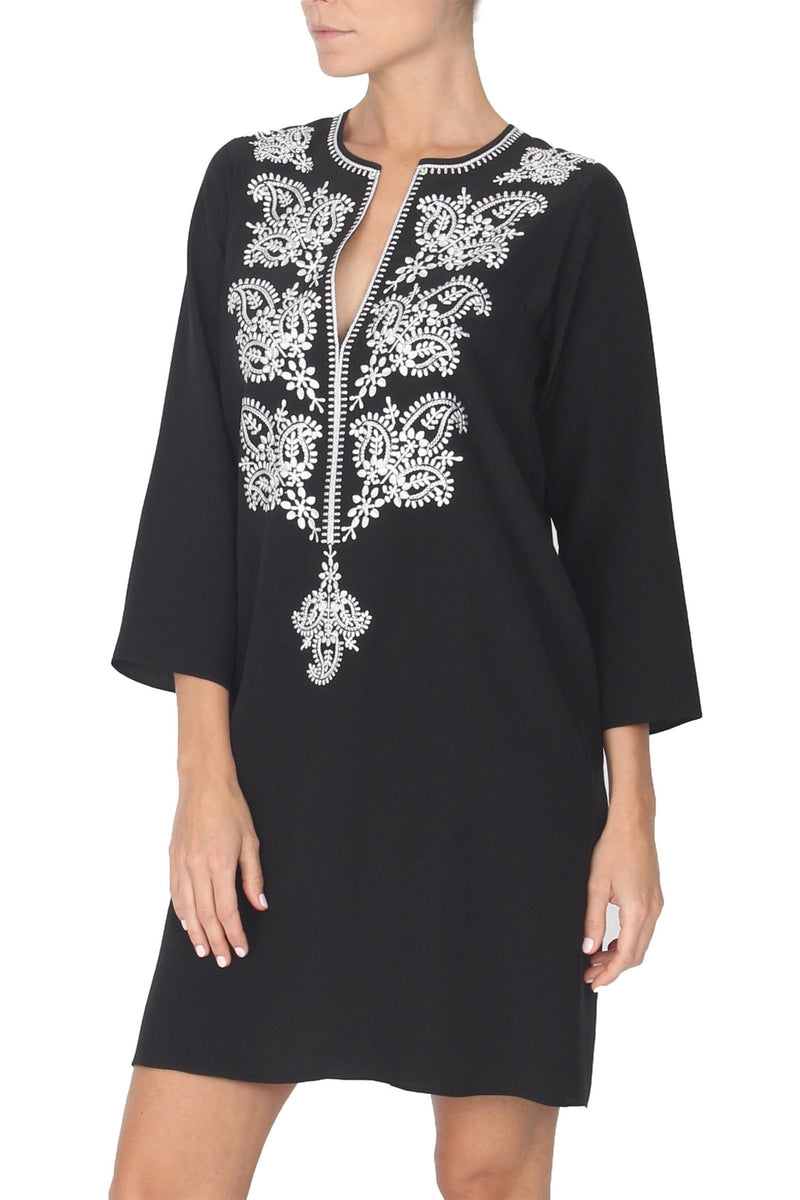 Embroidered Silk Solid Dress Marie France Van Damme 0 Black White 