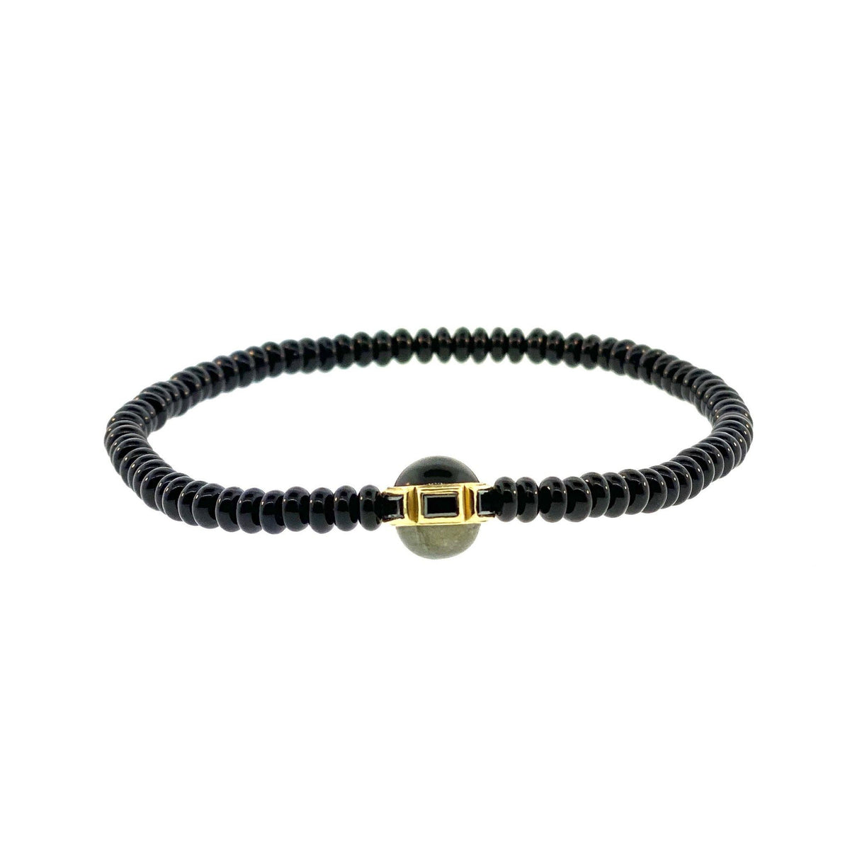 GOLD COLLAR WITH BLACK DIAMOND BAGUETTES, ONYX AND LABRADORITE CABACHONS ON GEMSTONE BEADED Marie France Van Damme 